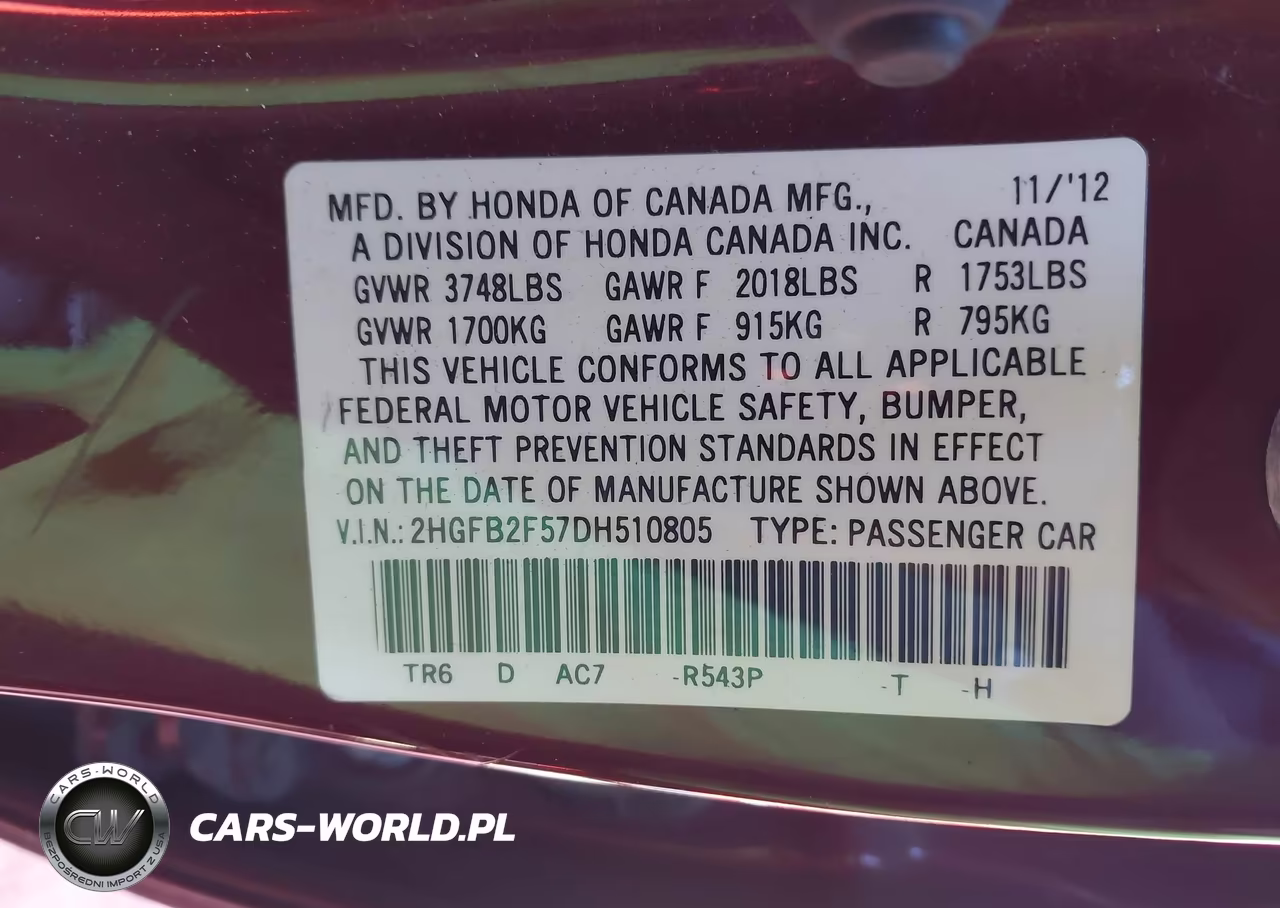 2013 Honda Civic Lx VIN:2HGFB2F57DH510805 - 9