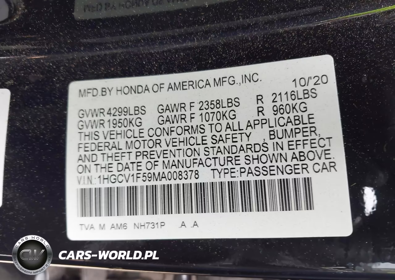 2021 Honda Accord Ex-L VIN:1HGCV1F59MA008378 - 9