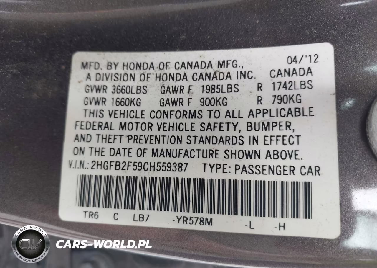 2012 Honda Civic Lx VIN:2HGFB2F59CH559387 - 9