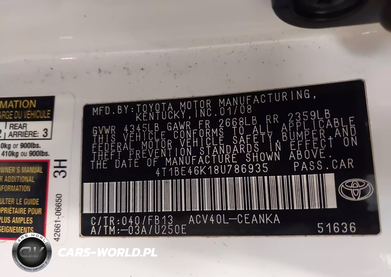 2008 Toyota Camry Le VIN:4T1BE46K18U786935 - 9