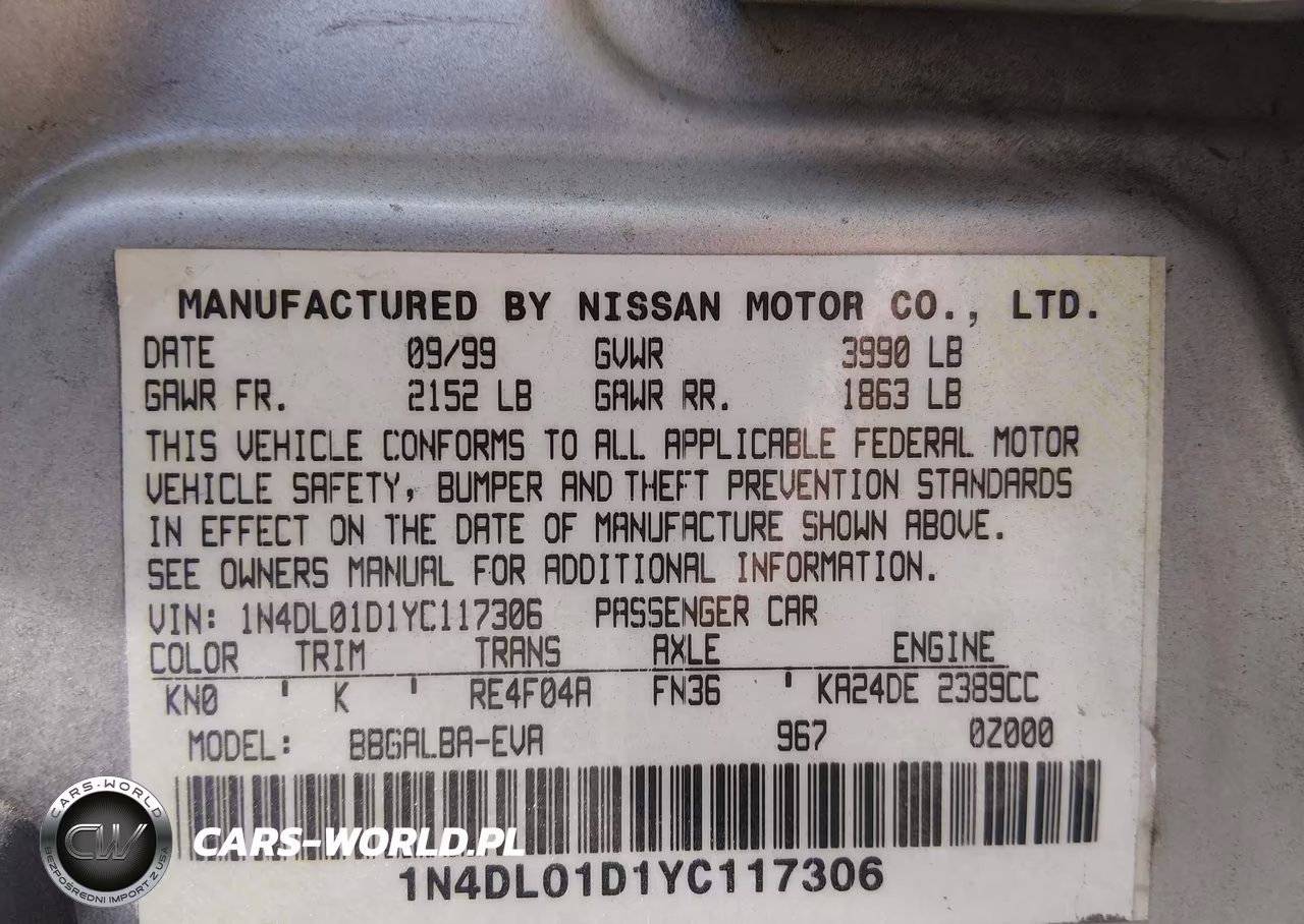 2000 Nissan Altima VIN:1N4DL01D1YC117306 - 9