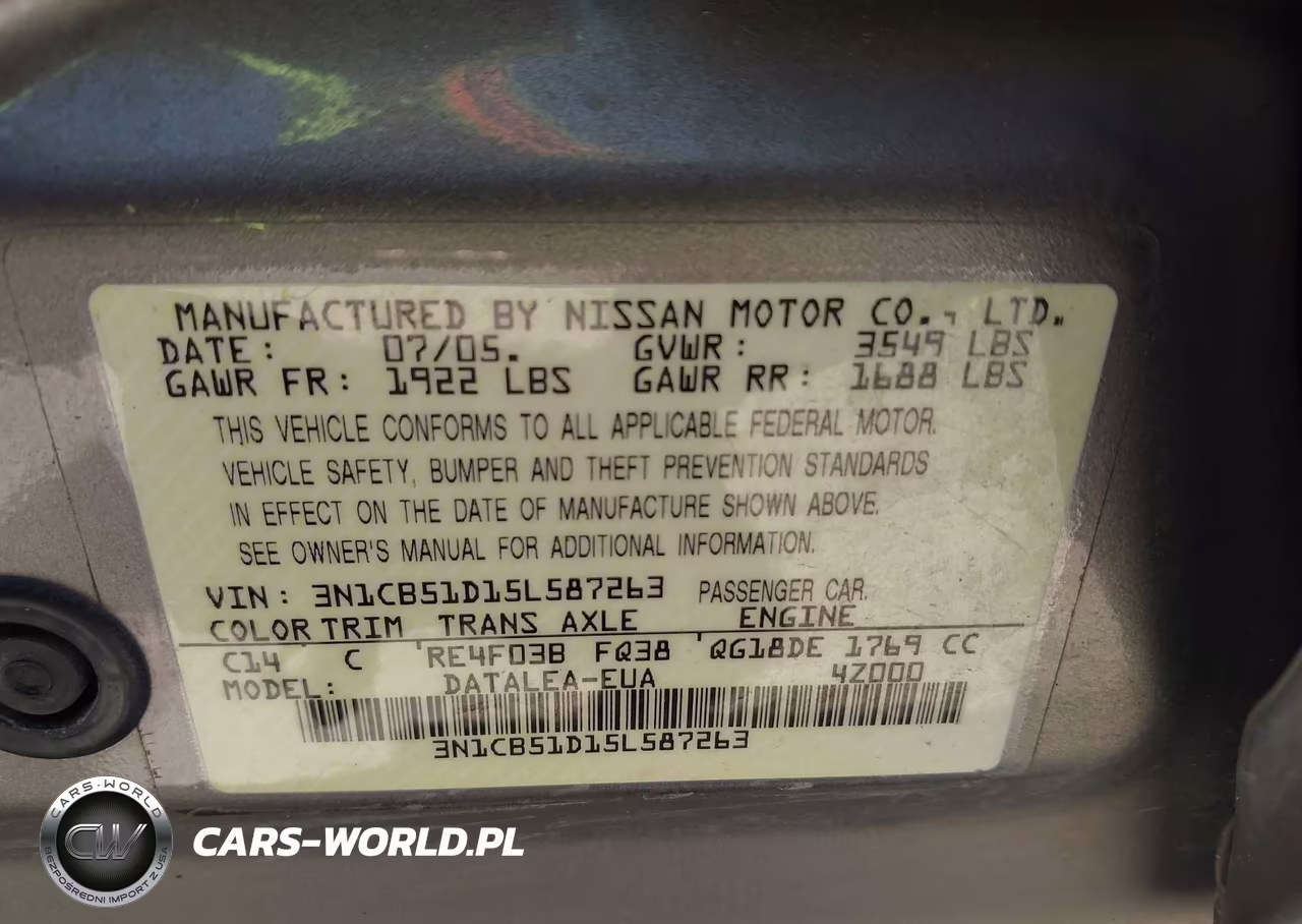 2005 Nissan Sentra 1.8S VIN:3N1CB51D15L587263 - 9