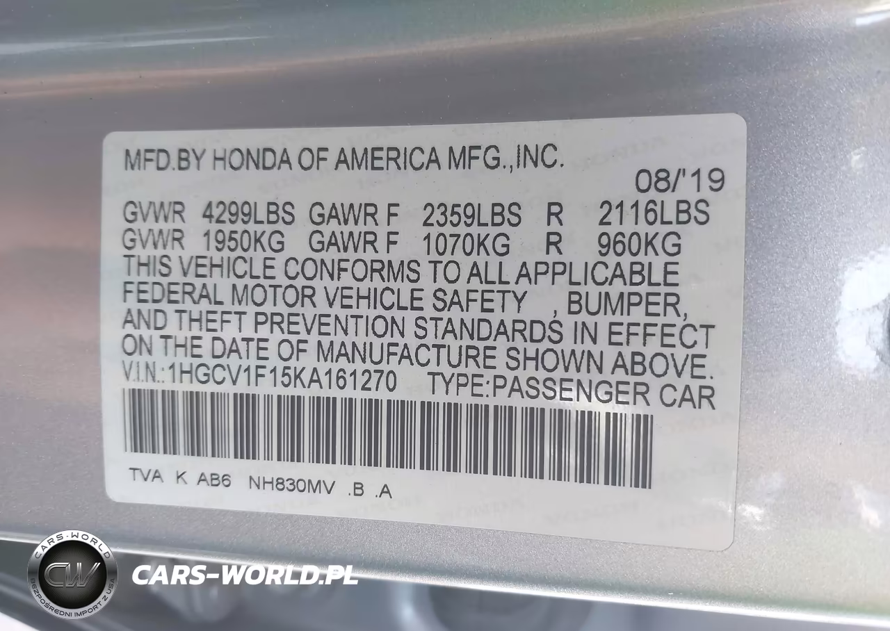2019 Honda Accord Lx VIN:1HGCV1F15KA161270 - 9