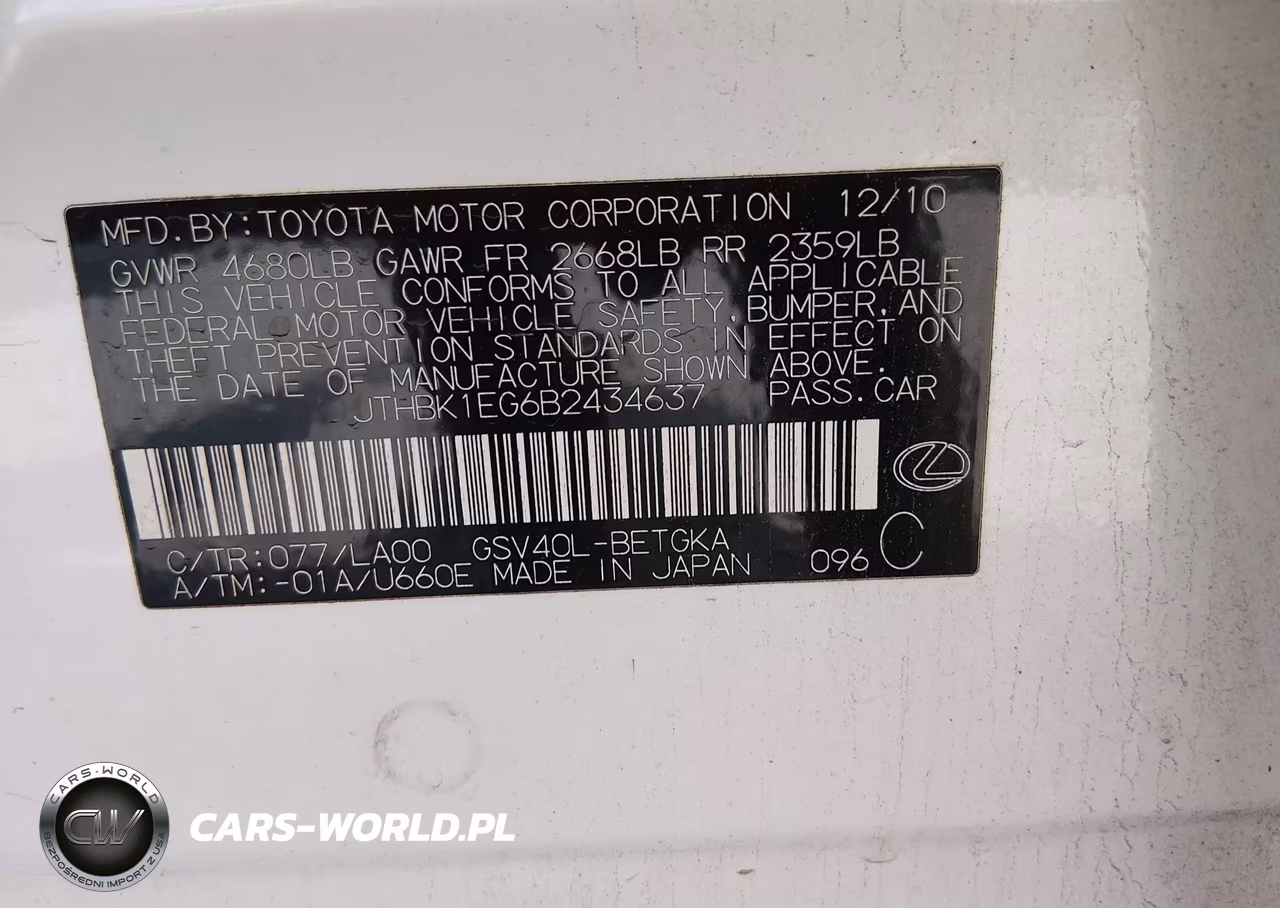 2011 Lexus Es 350 VIN:JTHBK1EG6B2434637 - 9