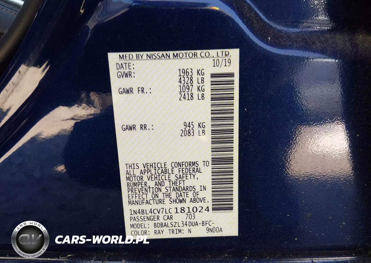 2020 Nissan Altima Sr Fwd VIN:1N4BL4CV7LC181024 - 9