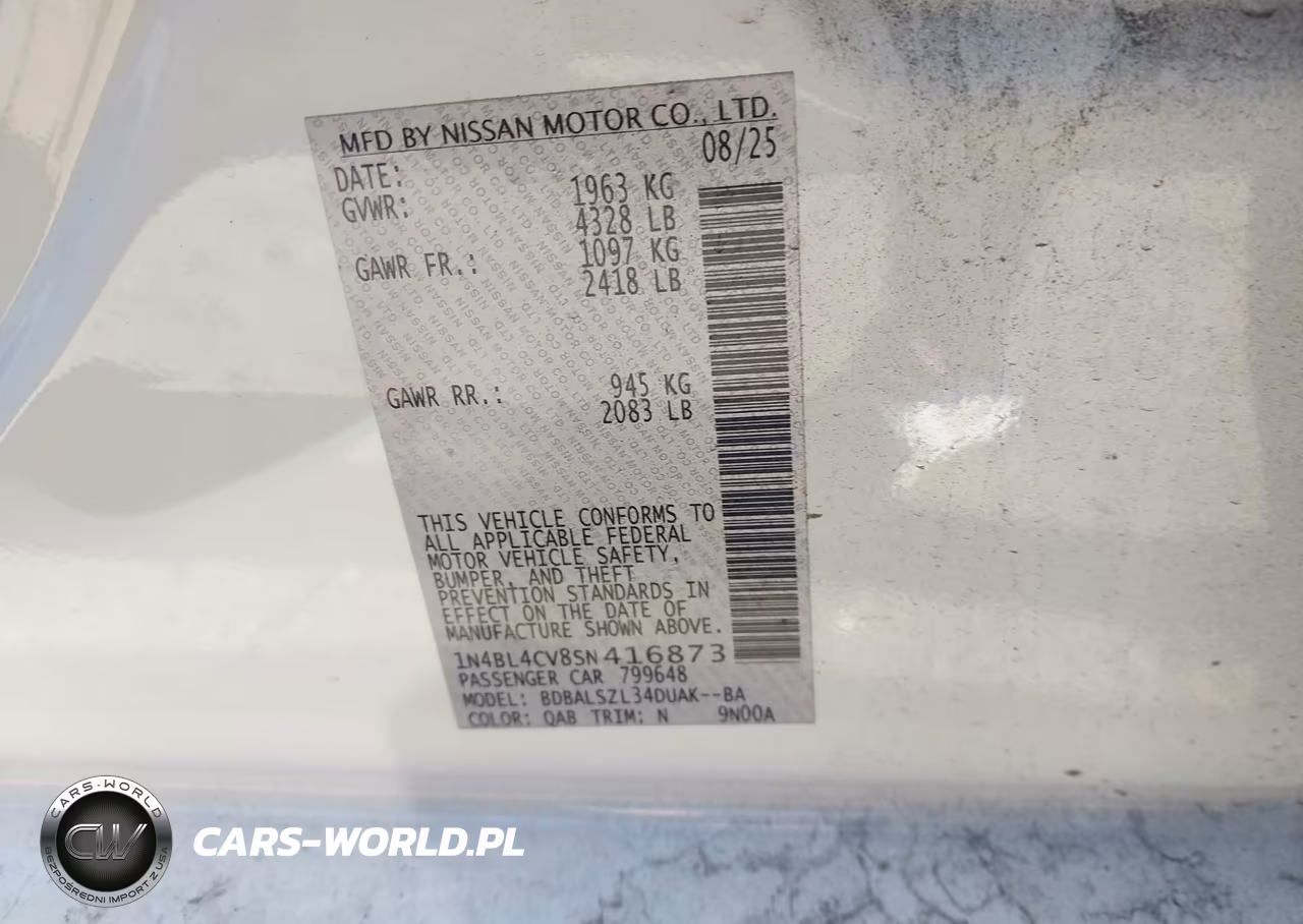 2025 Nissan Altima Sr Fwd VIN:1N4BL4CV8SN416873 - 9