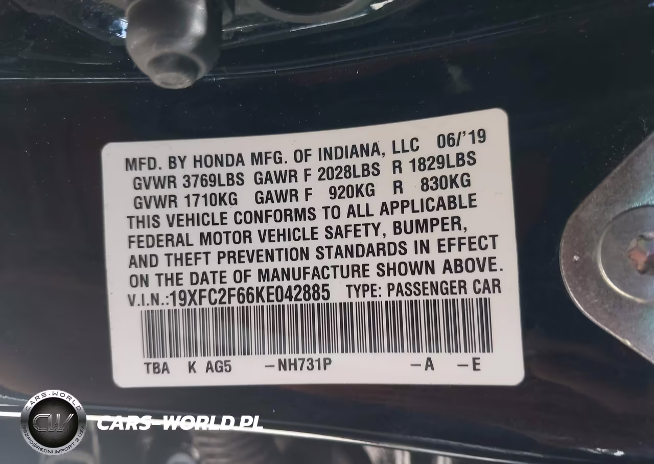 2019 Honda Civic Lx VIN:19XFC2F66KE042885 - 9