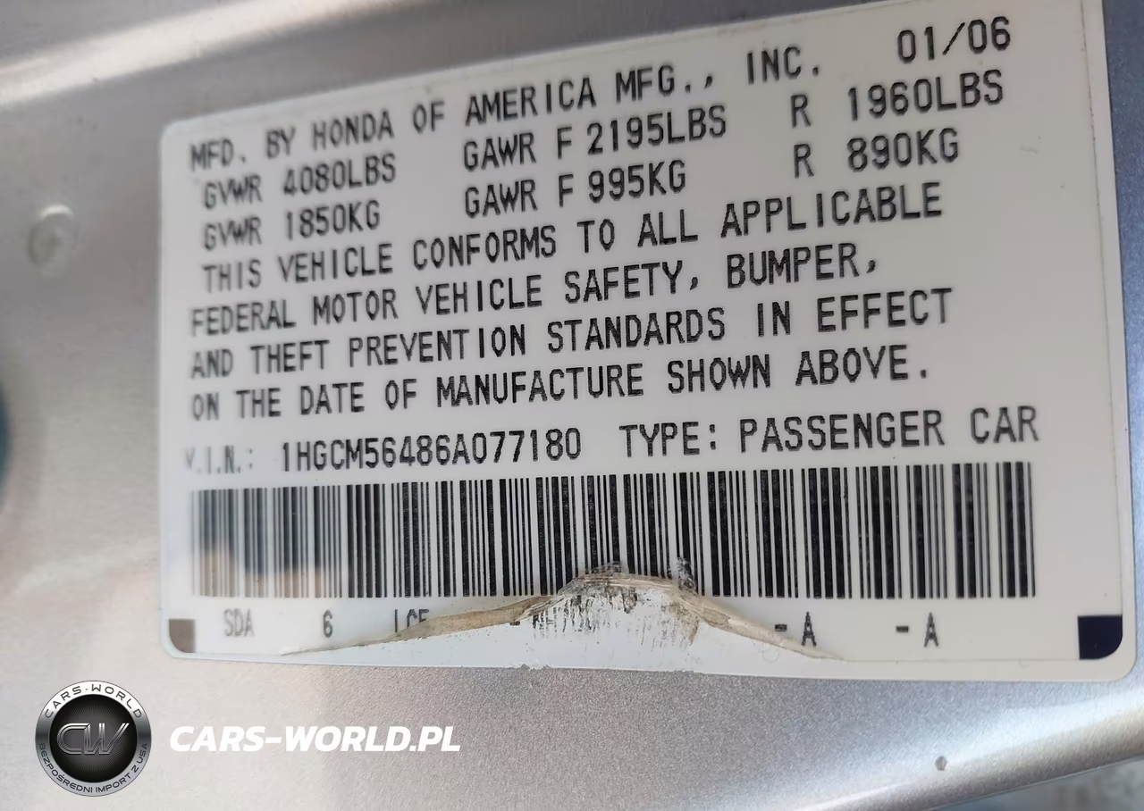 2006 Honda Accord 2.4 Lx VIN:1HGCM56486A077180 - 9
