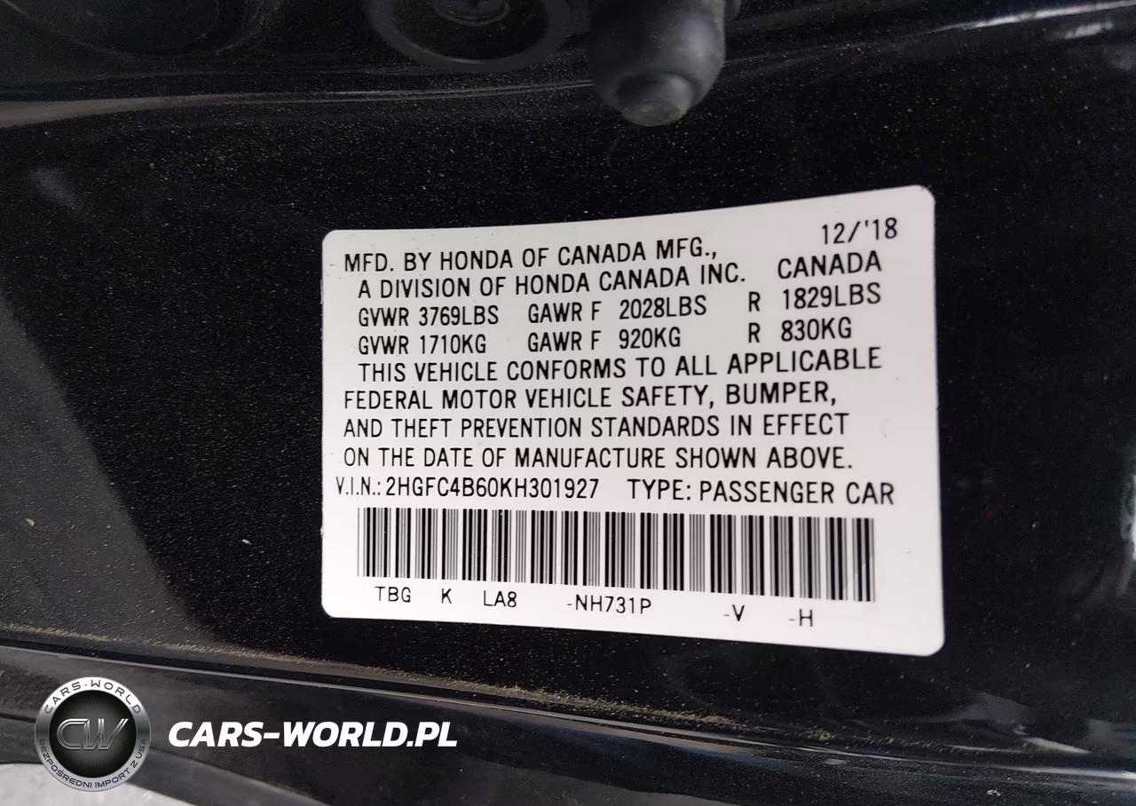 2019 Honda Civic Lx VIN:2HGFC4B60KH301927 - 9