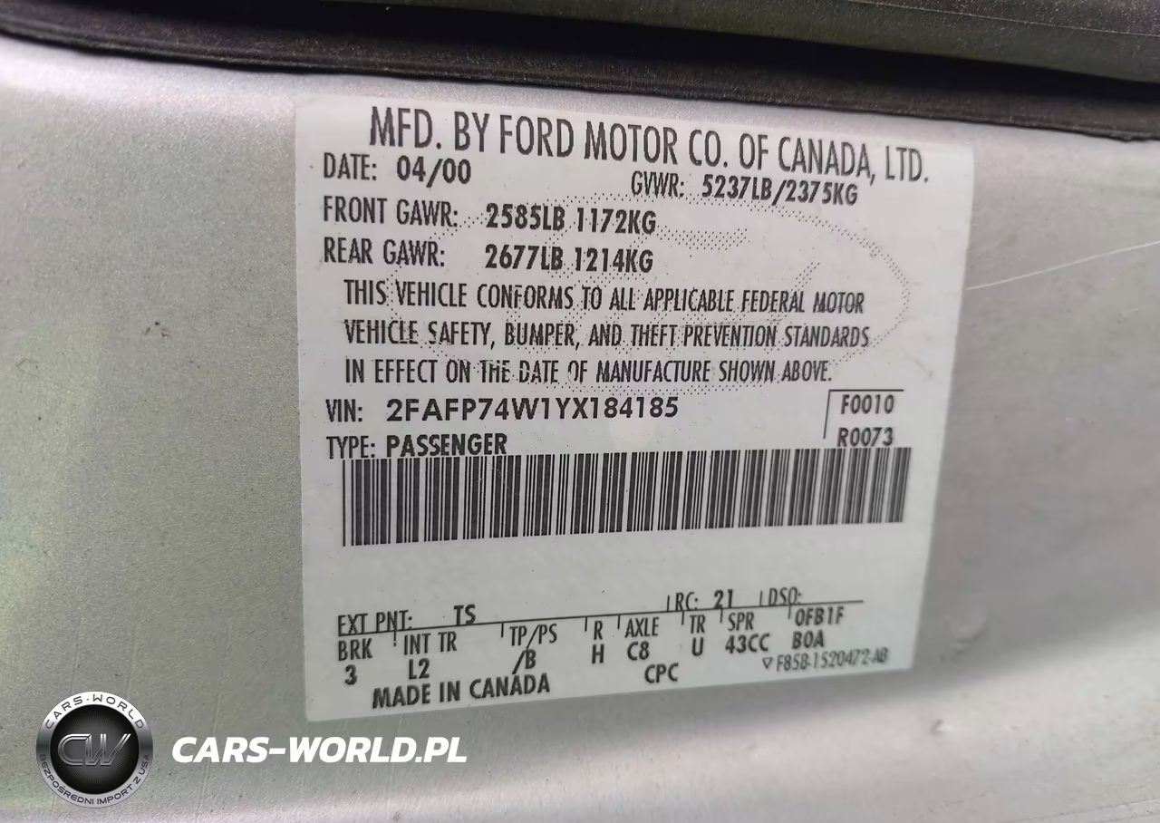 2000 Ford Crown Victoria Lx VIN:2FAFP74W1YX184185 - 9