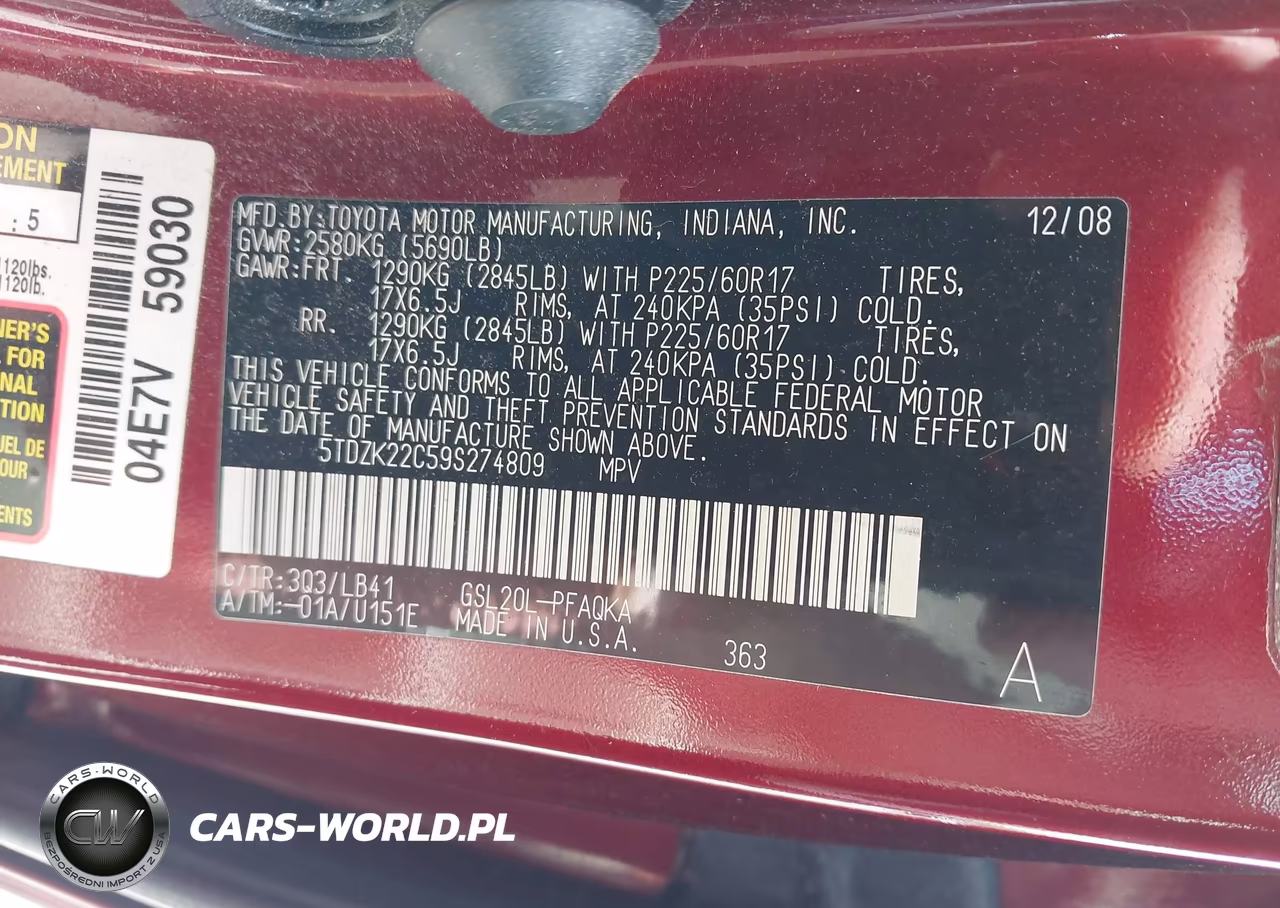 2009 Toyota Sienna Xle VIN:5TDZK22C59S274809 - 9