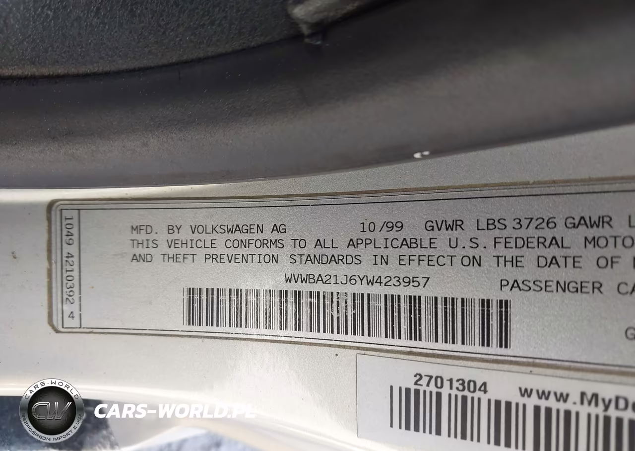 2000 Volkswagen Golf Gl VIN:WVWBA21J6YW423957 - 9
