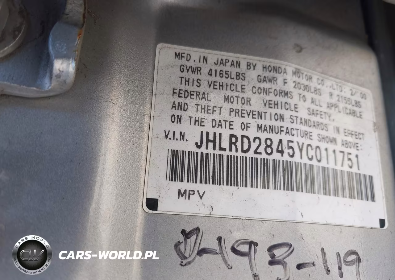 2000 Honda Cr-V Lx VIN:JHLRD2845YC011751 - 9