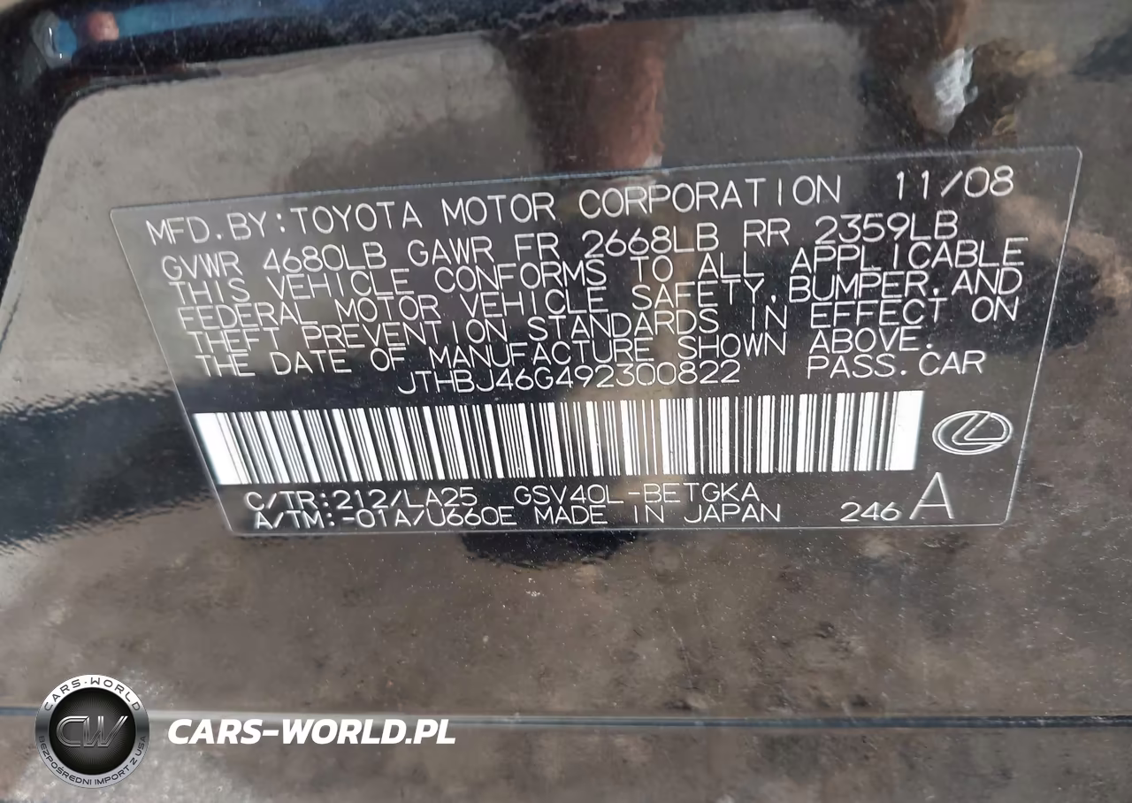 2009 Lexus Es 350 VIN:JTHBJ46G492300822 - 9