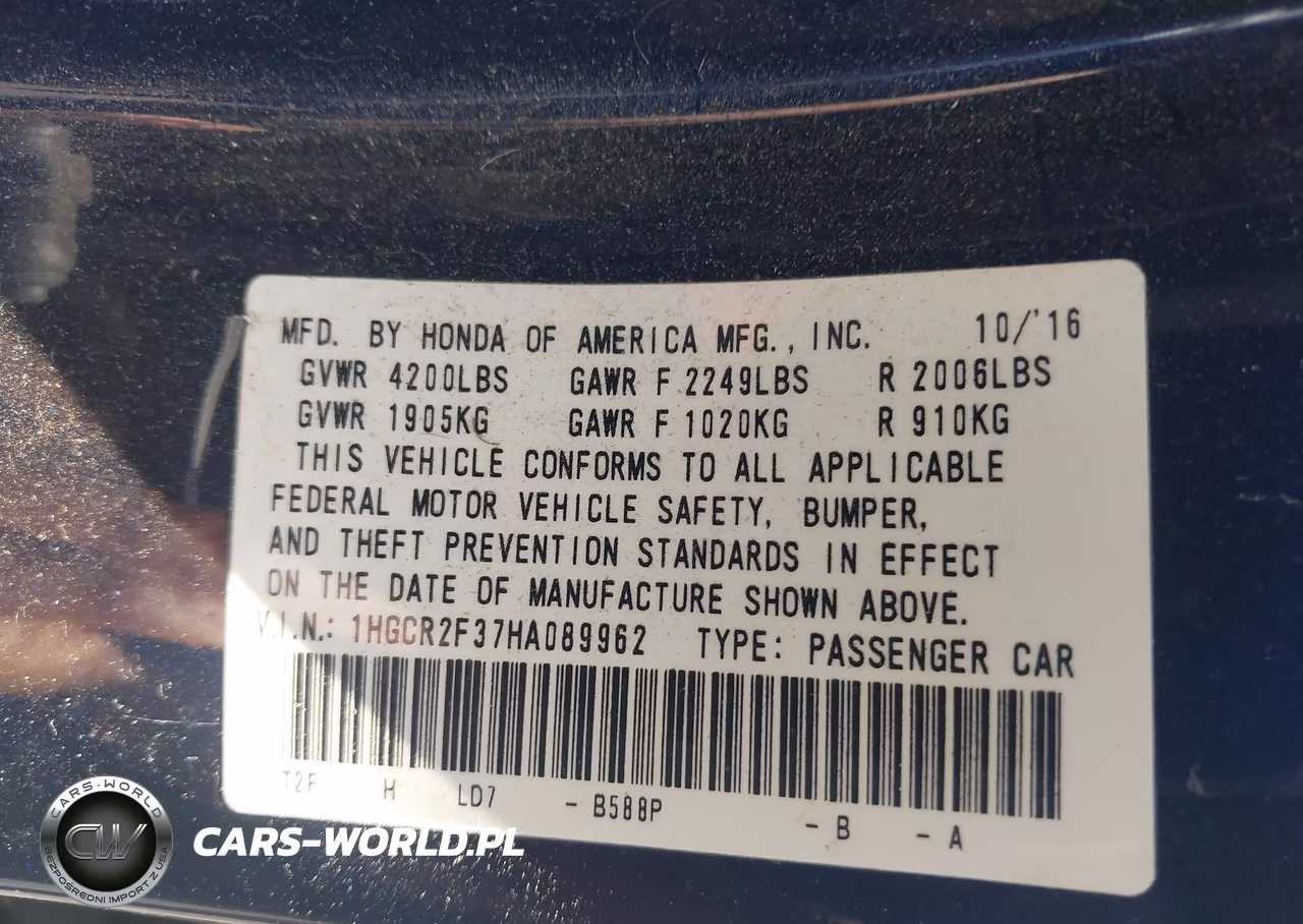 2017 Honda Accord Lx VIN:1HGCR2F37HA089962 - 9
