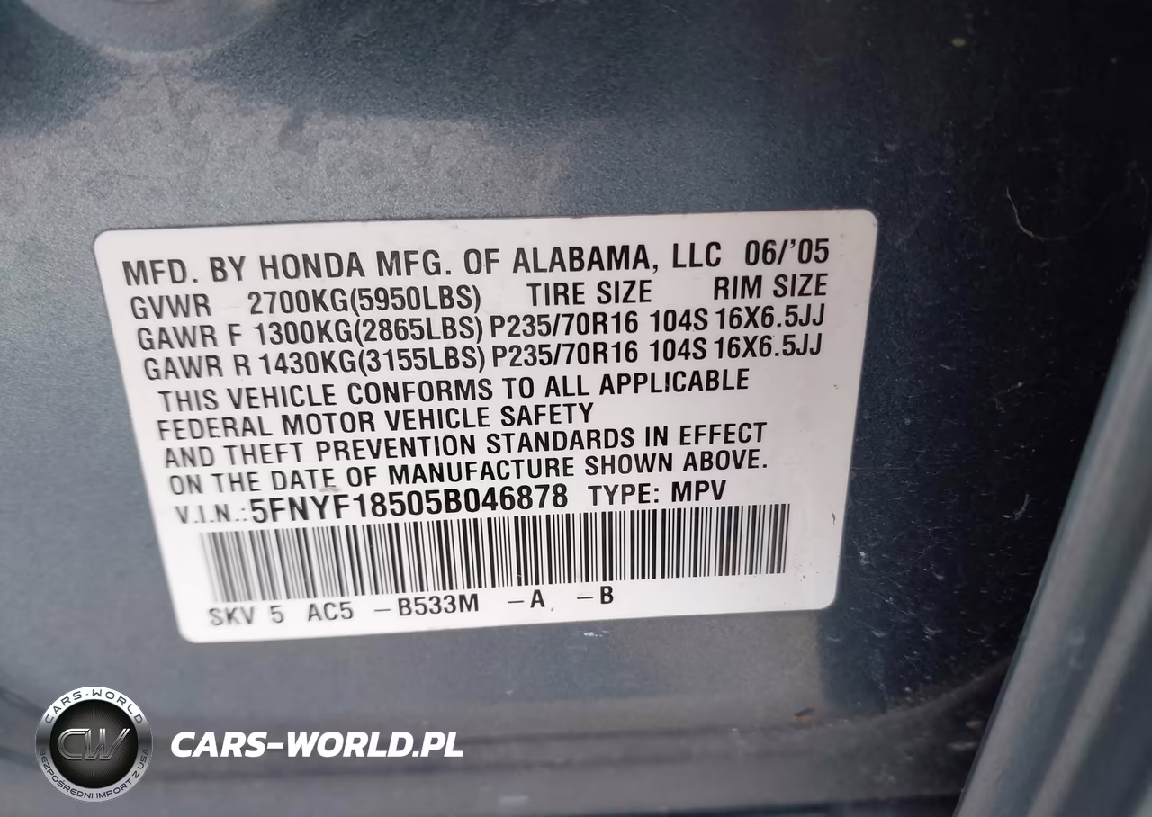 2005 Honda Pilot Ex-L VIN:5FNYF18505B046878 - 9