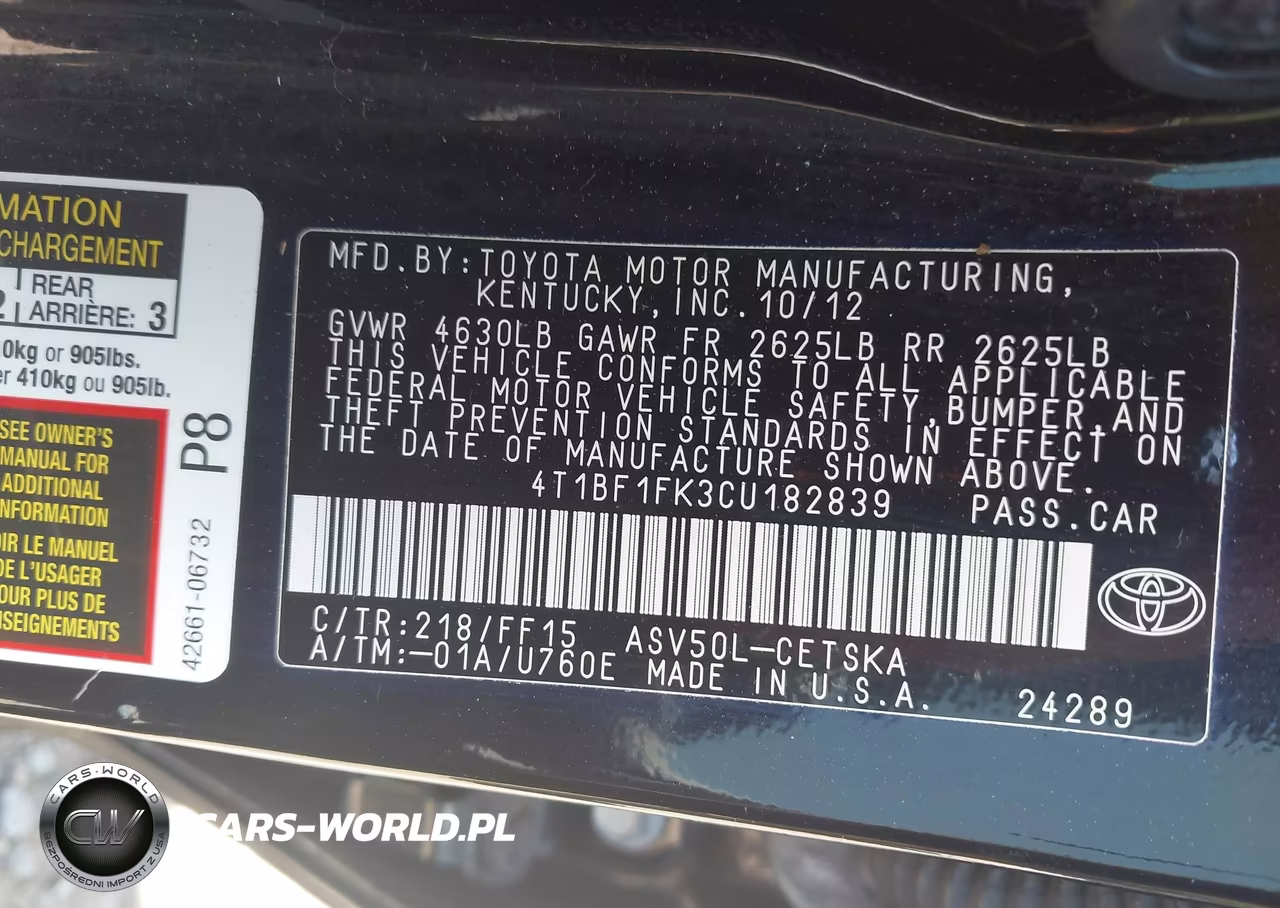 2012 Toyota Camry Se Limited Edition VIN:4T1BF1FK3CU182839 - 9