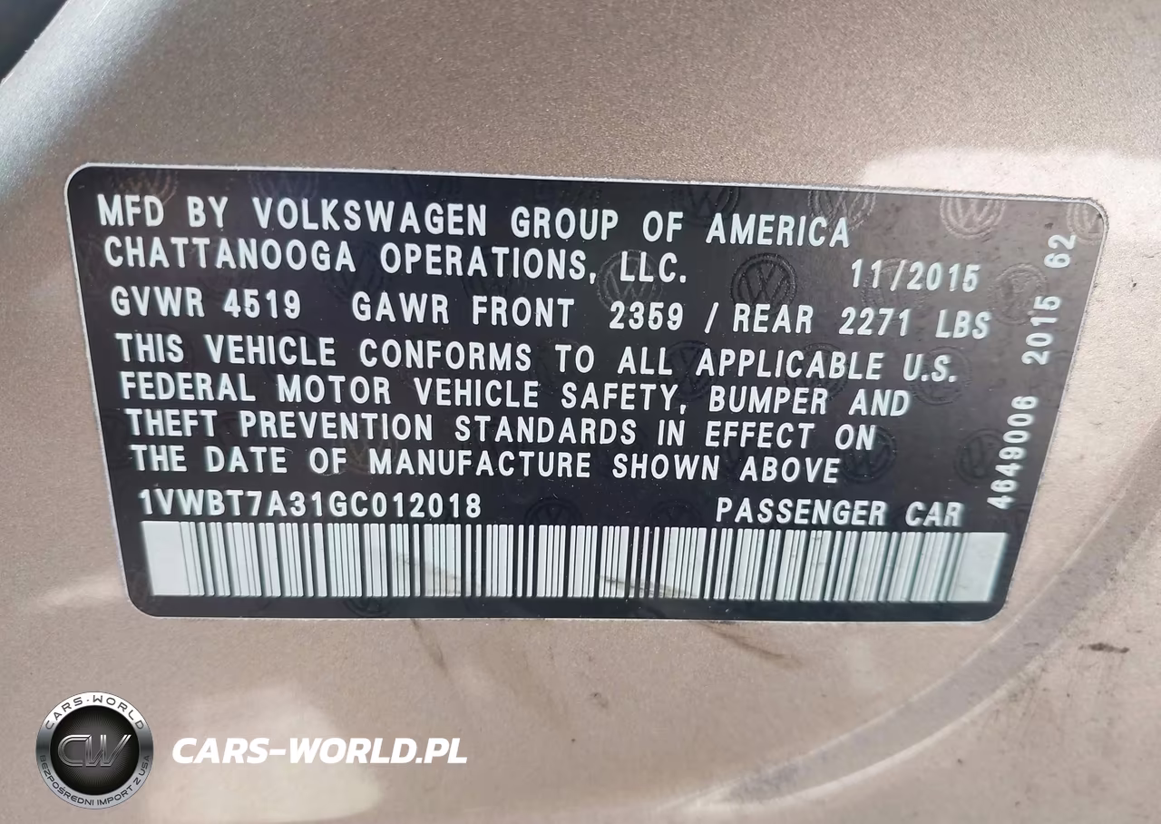 2016 Volkswagen Passat 1.8T Se VIN:1VWBT7A31GC012018 - 9
