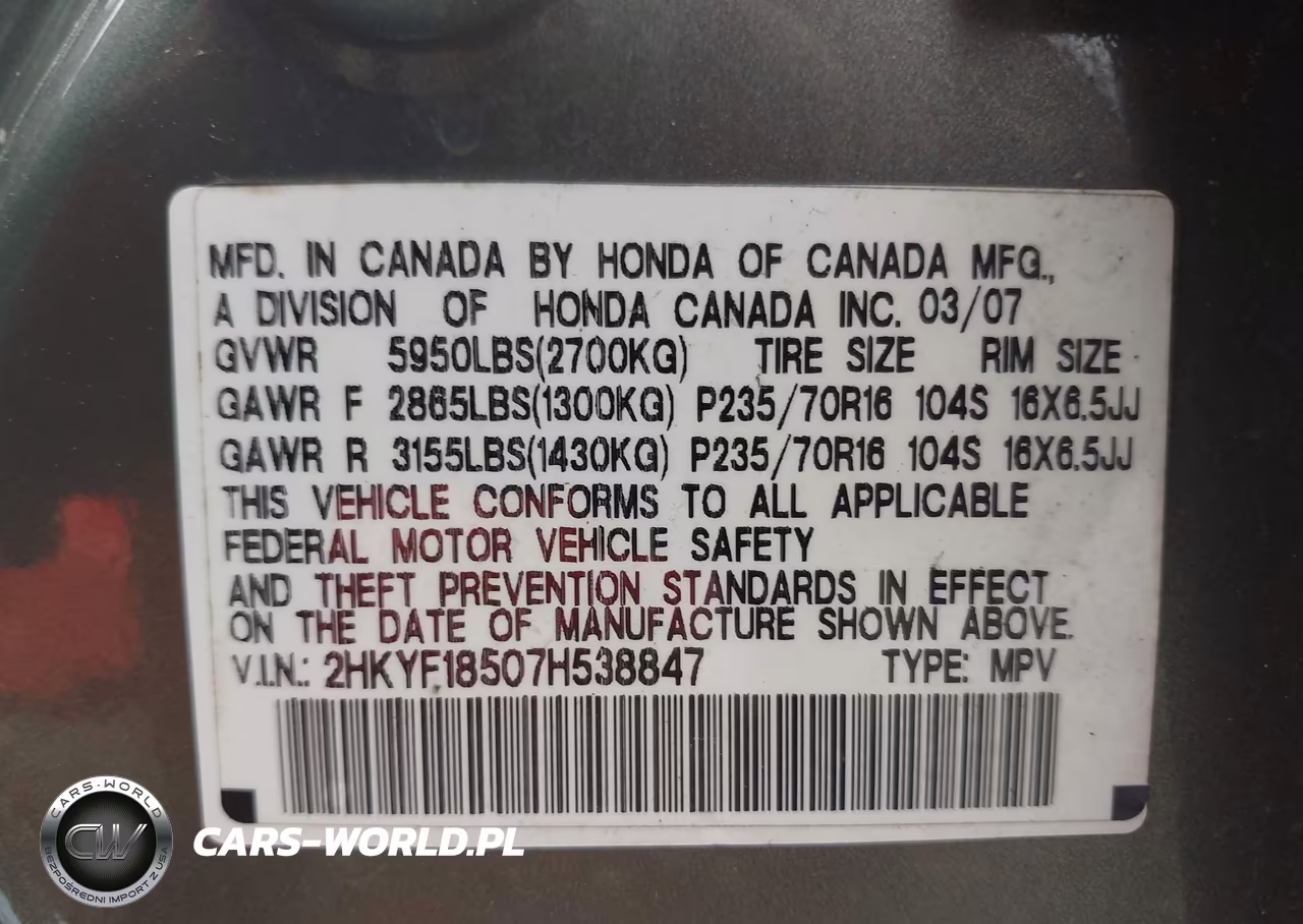 2007 Honda Pilot Ex-L VIN:2HKYF18507H538847 - 9