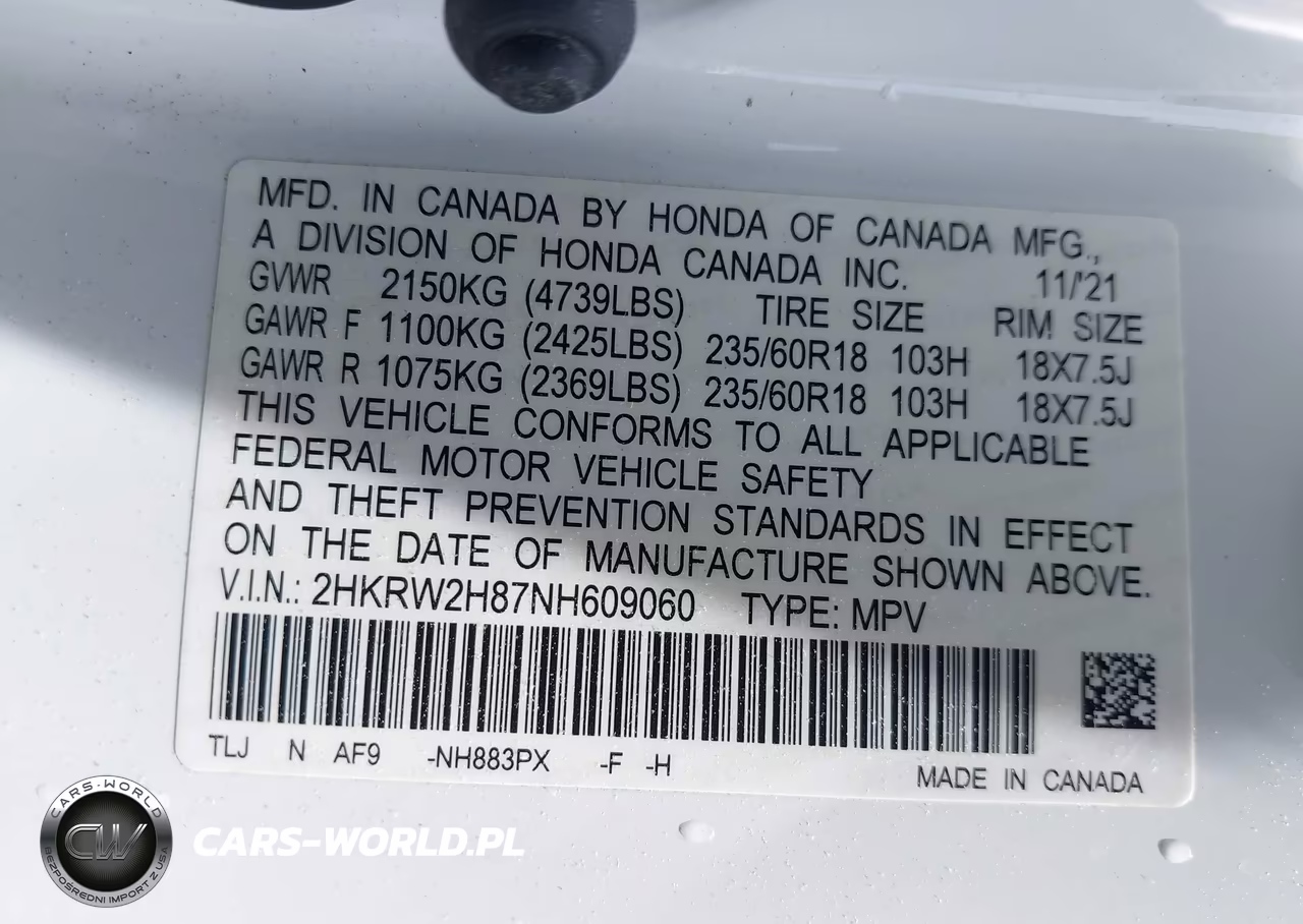 2022 Honda Cr-V Awd Ex-L VIN:2HKRW2H87NH609060 - 9