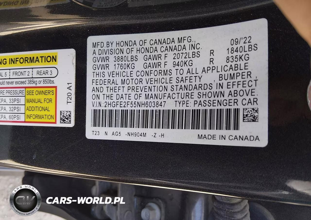 2022 Honda Civic Sport VIN:2HGFE2F55NH603847 - 9