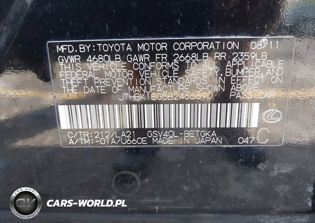 2011 Lexus Es 350 VIN:JTHBK1EG5B2466690 - 9