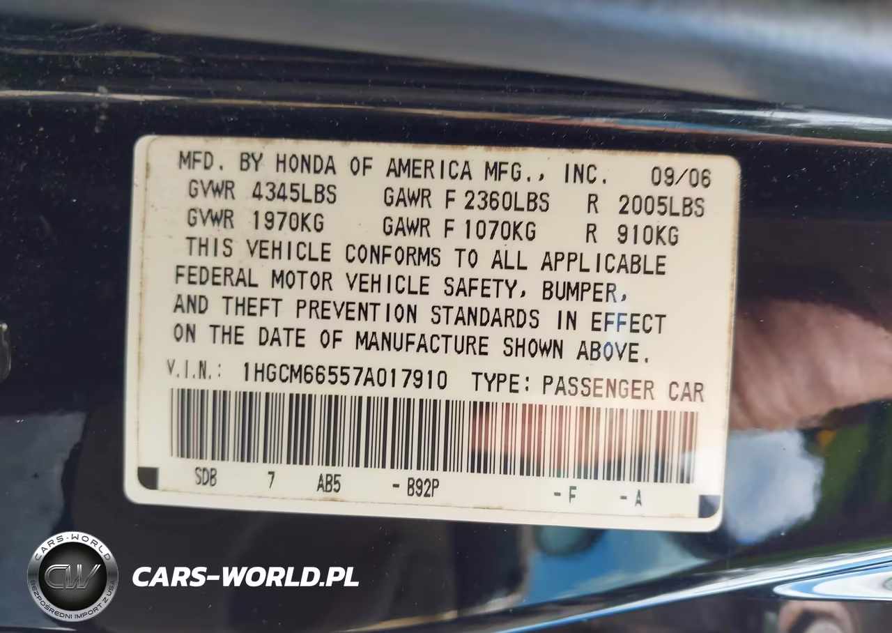2007 Honda Accord 3.0 Ex VIN:1HGCM66557A017910 - 9