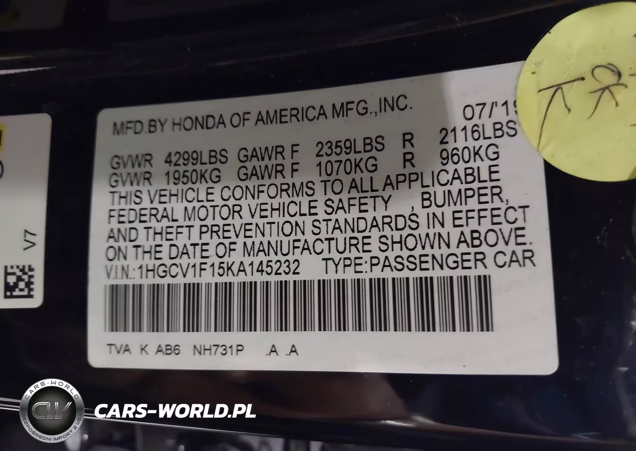 2019 Honda Accord Lx VIN:1HGCV1F15KA145232 - 9
