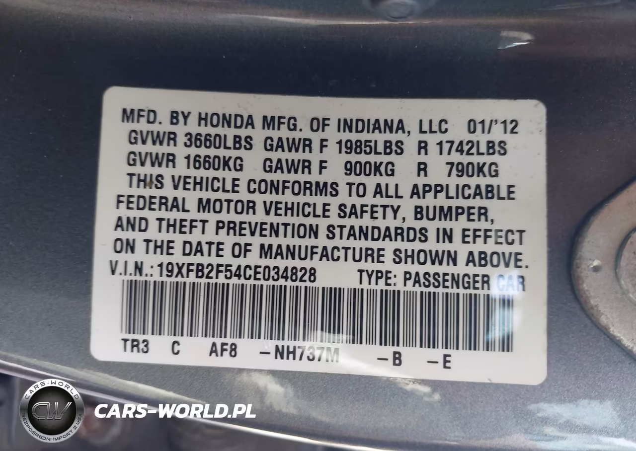 2012 Honda Civic Lx VIN:19XFB2F54CE034828 - 9