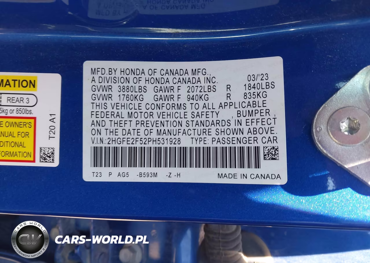 2023 Honda Civic Sport VIN:2HGFE2F52PH531928 - 9