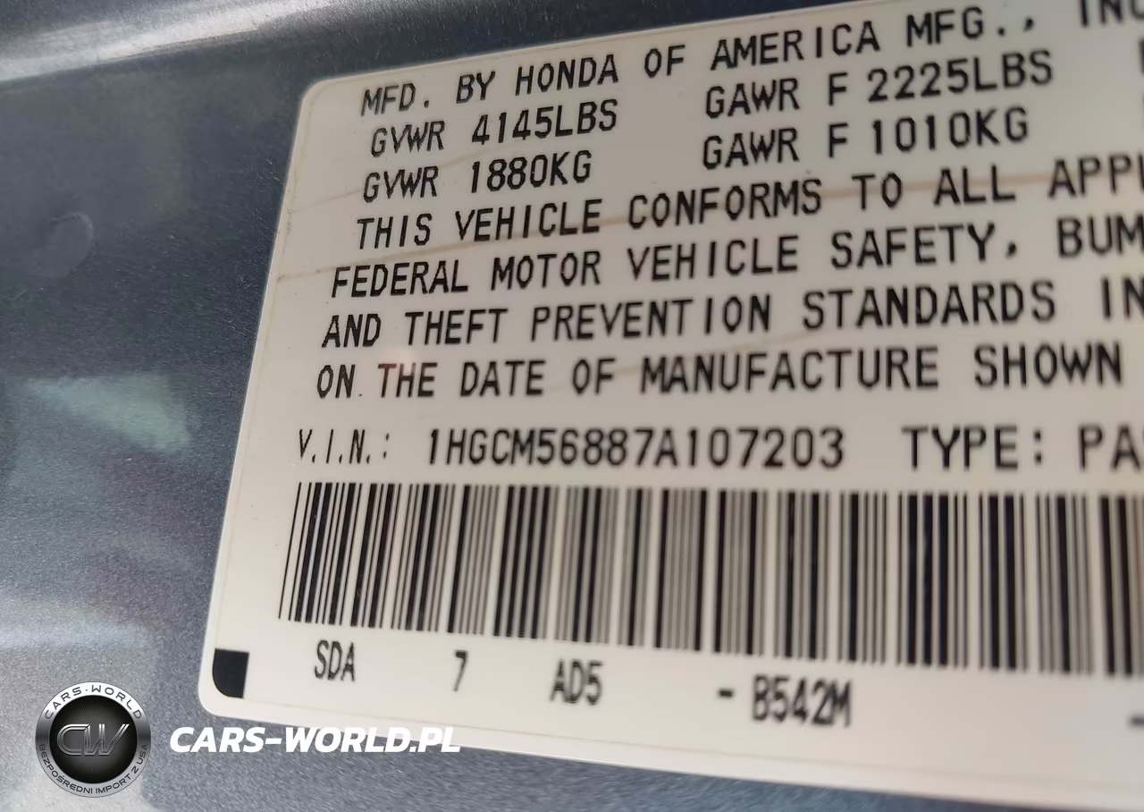 2007 Honda Accord 2.4 Ex VIN:1HGCM56887A107203 - 9