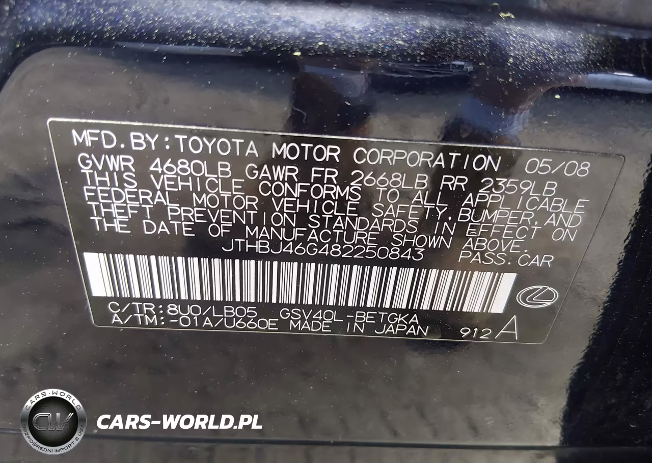 2008 Lexus Es 350 VIN:JTHBJ46G482250843 - 9