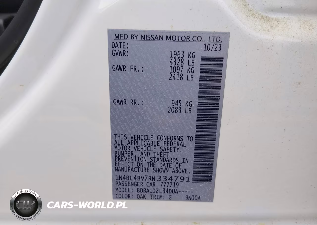 2024 Nissan Altima S Fwd VIN:1N4BL4BV7RN334791 - 9