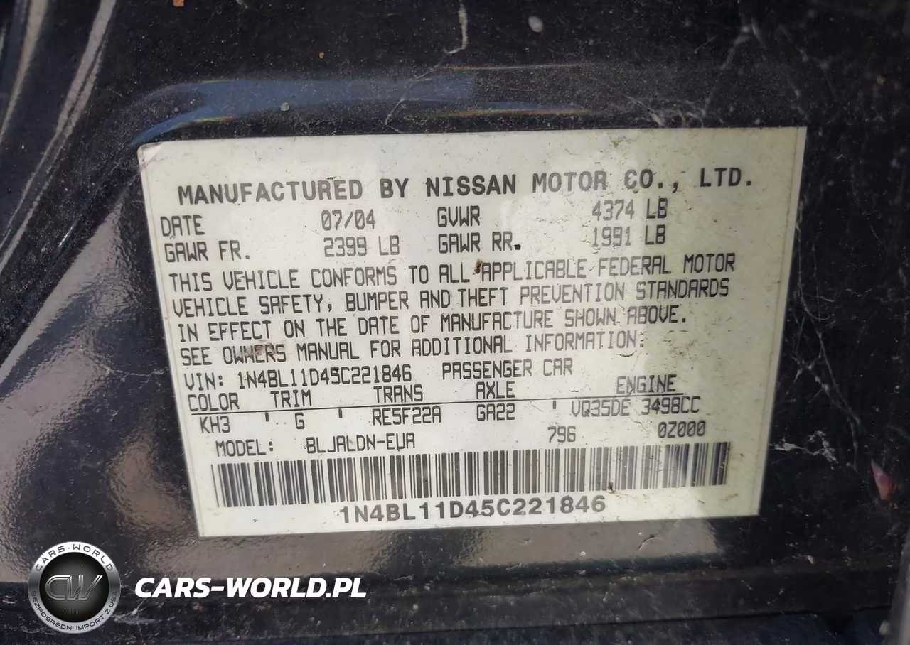 2005 Nissan Altima 3.5 Sl VIN:1N4BL11D45C221846 - 9