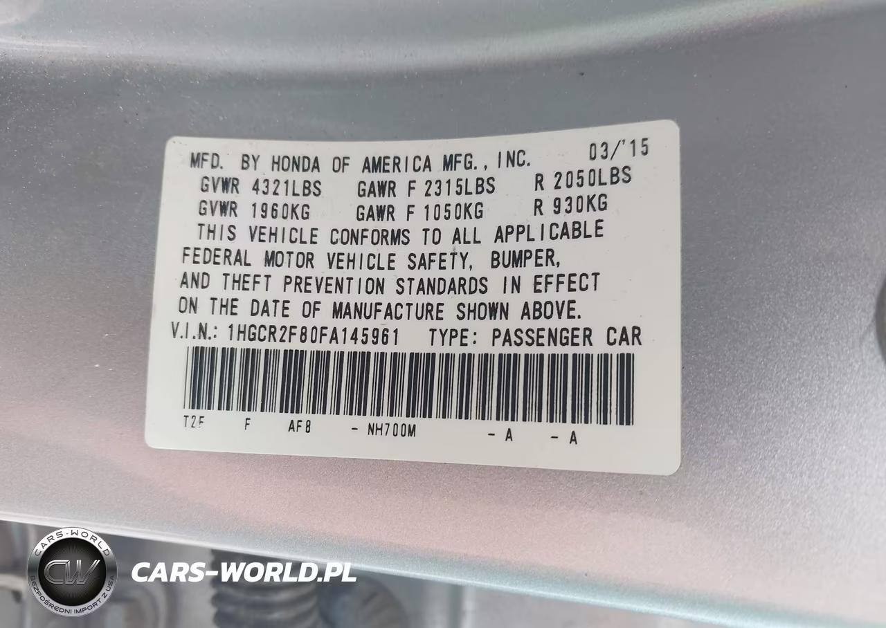 2015 Honda Accord Ex-L VIN:1HGCR2F80FA145961 - 9