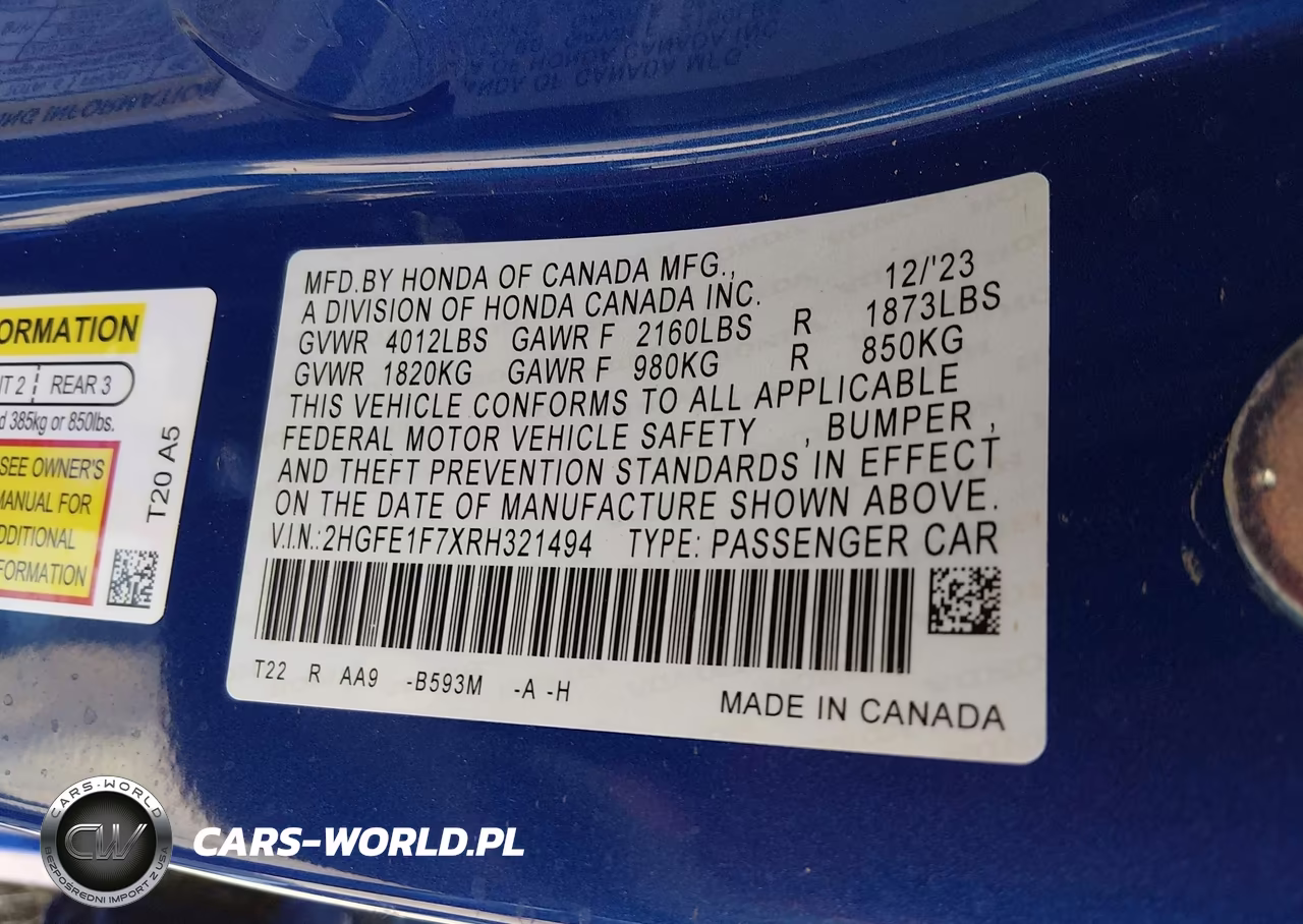 2024 Honda Civic Ex VIN:2HGFE1F7XRH321494 - 9