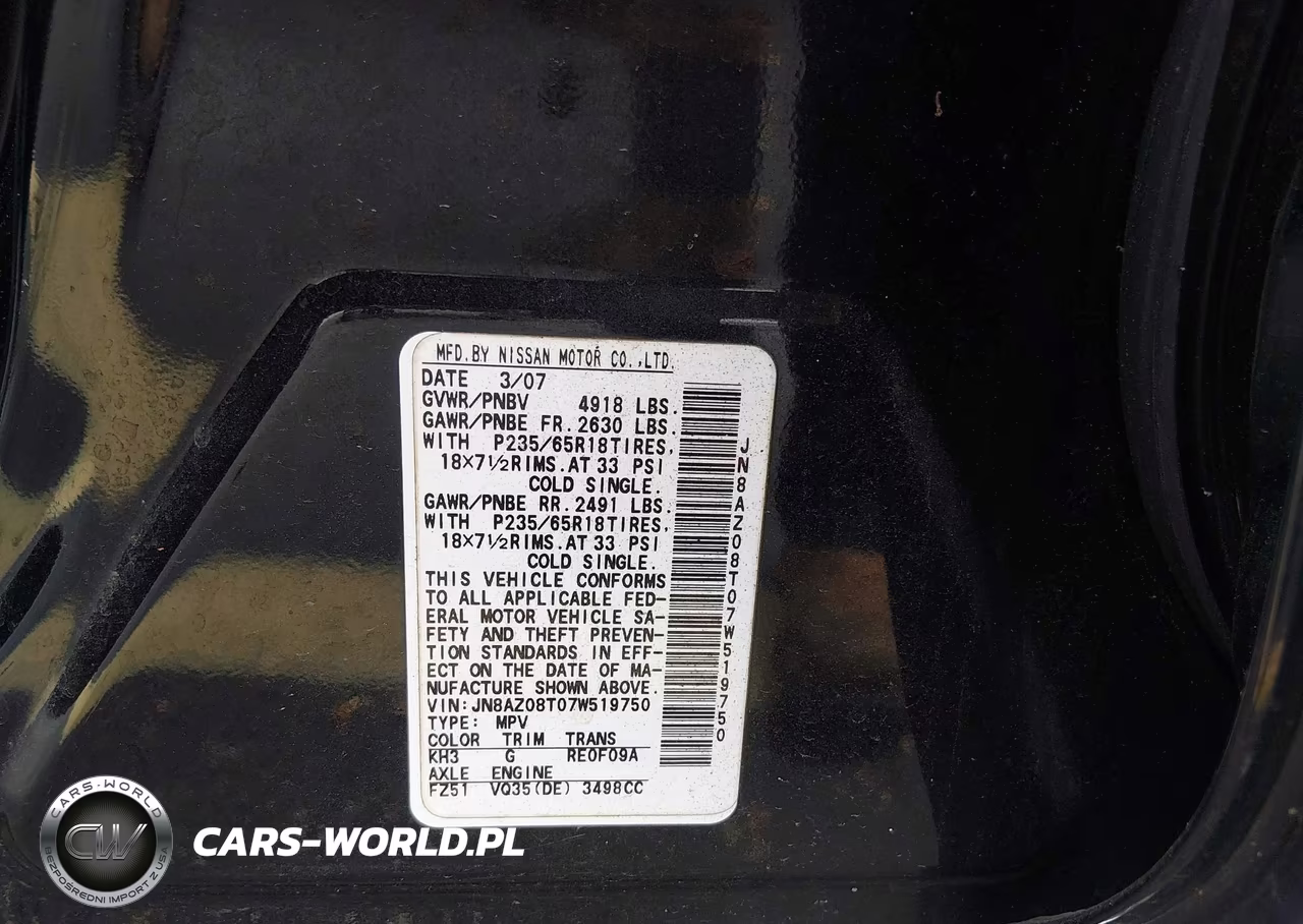 2007 Nissan Murano Sl VIN:JN8AZ08T07W519750 - 9