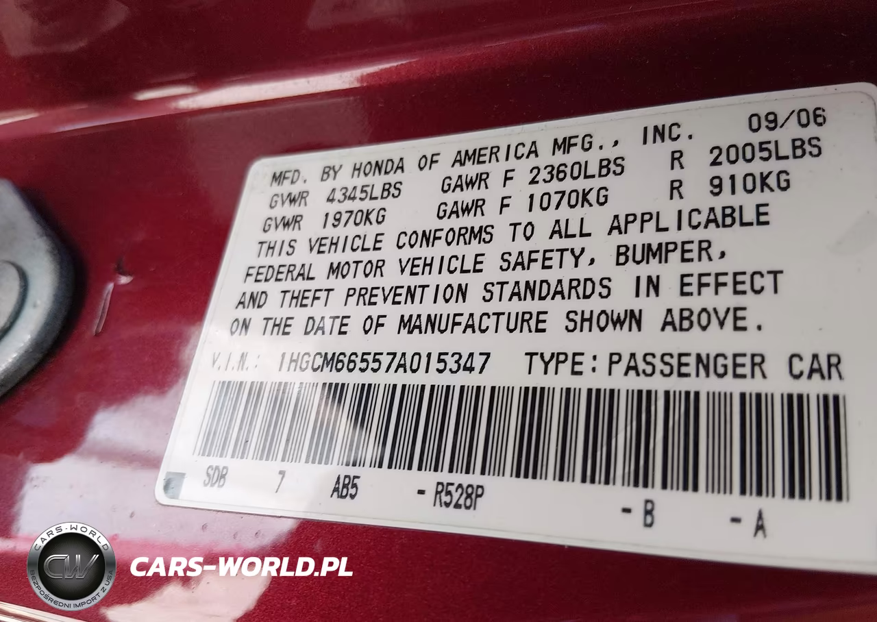 2007 Honda Accord 3.0 Ex VIN:1HGCM66557A015347 - 9