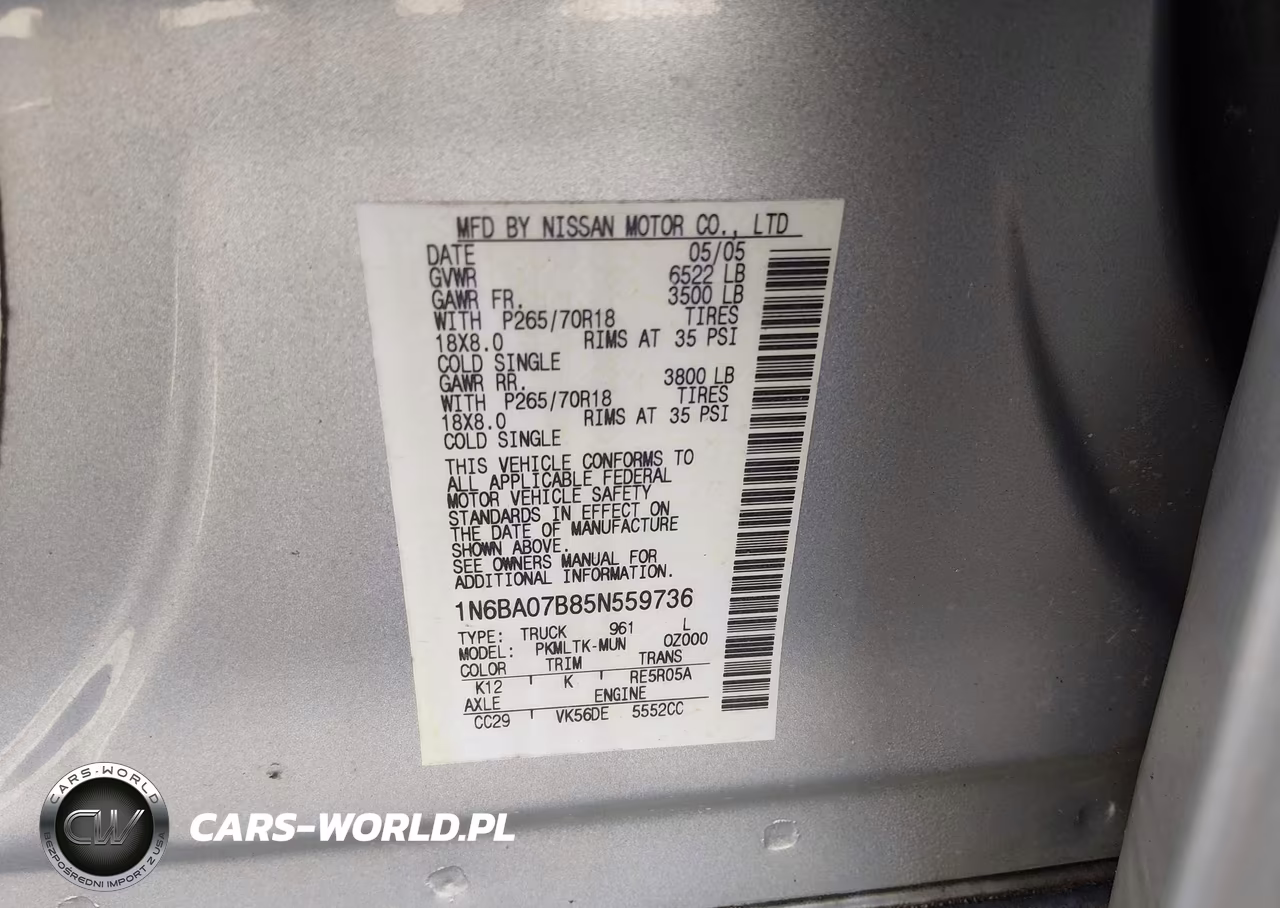 2005 Nissan Titan Se VIN:1N6BA07B85N559736 - 9