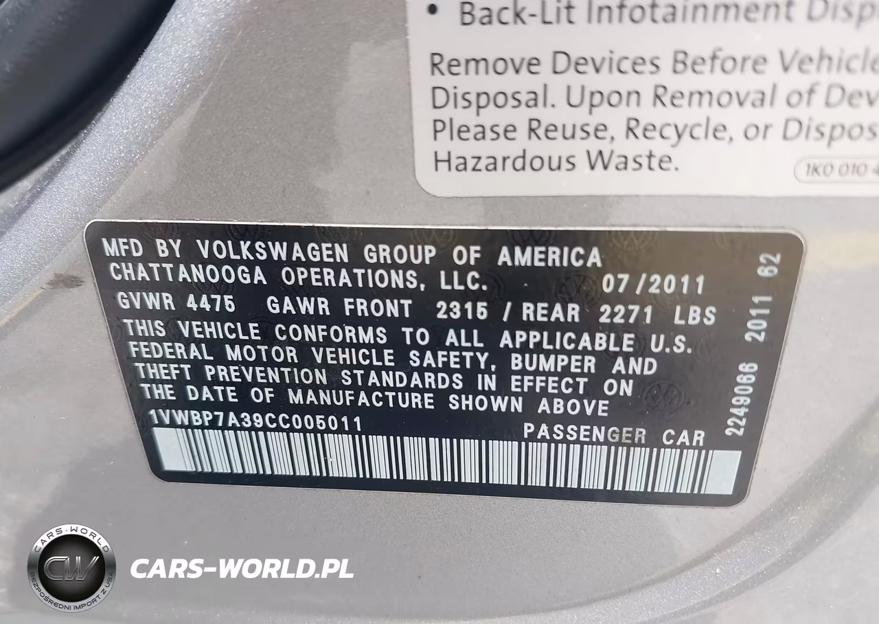 2012 Volkswagen Passat 2.5L Se VIN:1VWBP7A39CC005011 - 9