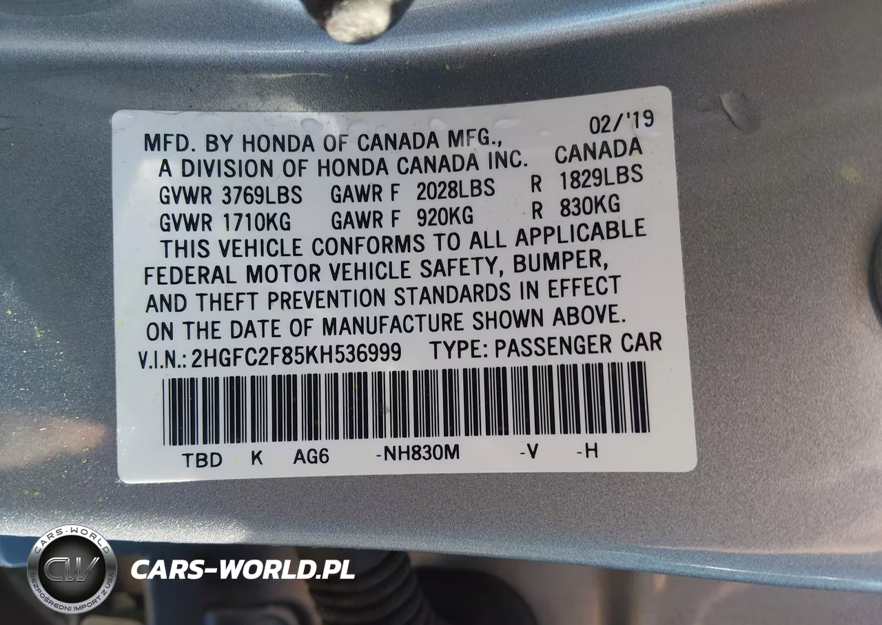 2019 Honda Civic Sport VIN:2HGFC2F85KH536999 - 9