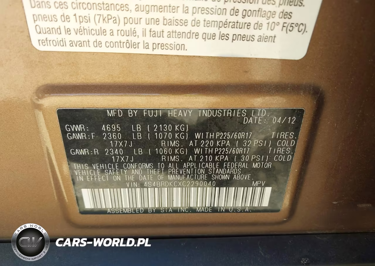 2012 Subaru Outback 3.6R Limited VIN:4S4BRDKCXC2290040 - 9