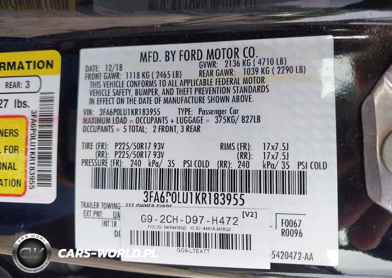 2019 FORD FUSION SE VIN:3FA6P0LU1KR183955 - 9