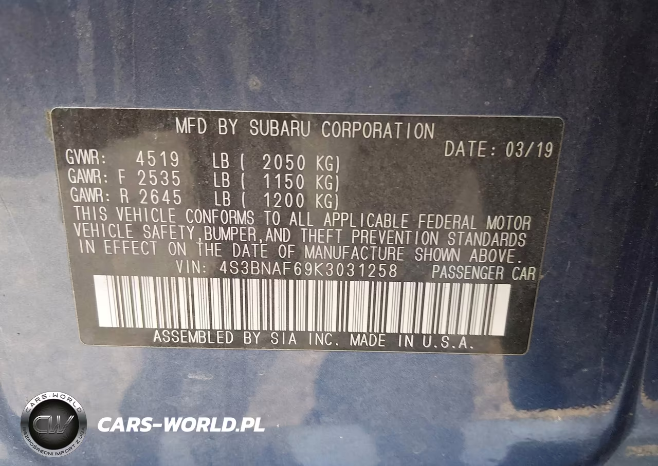 2019 Subaru Legacy 2.5I Premium VIN:4S3BNAF69K3031258 - 9