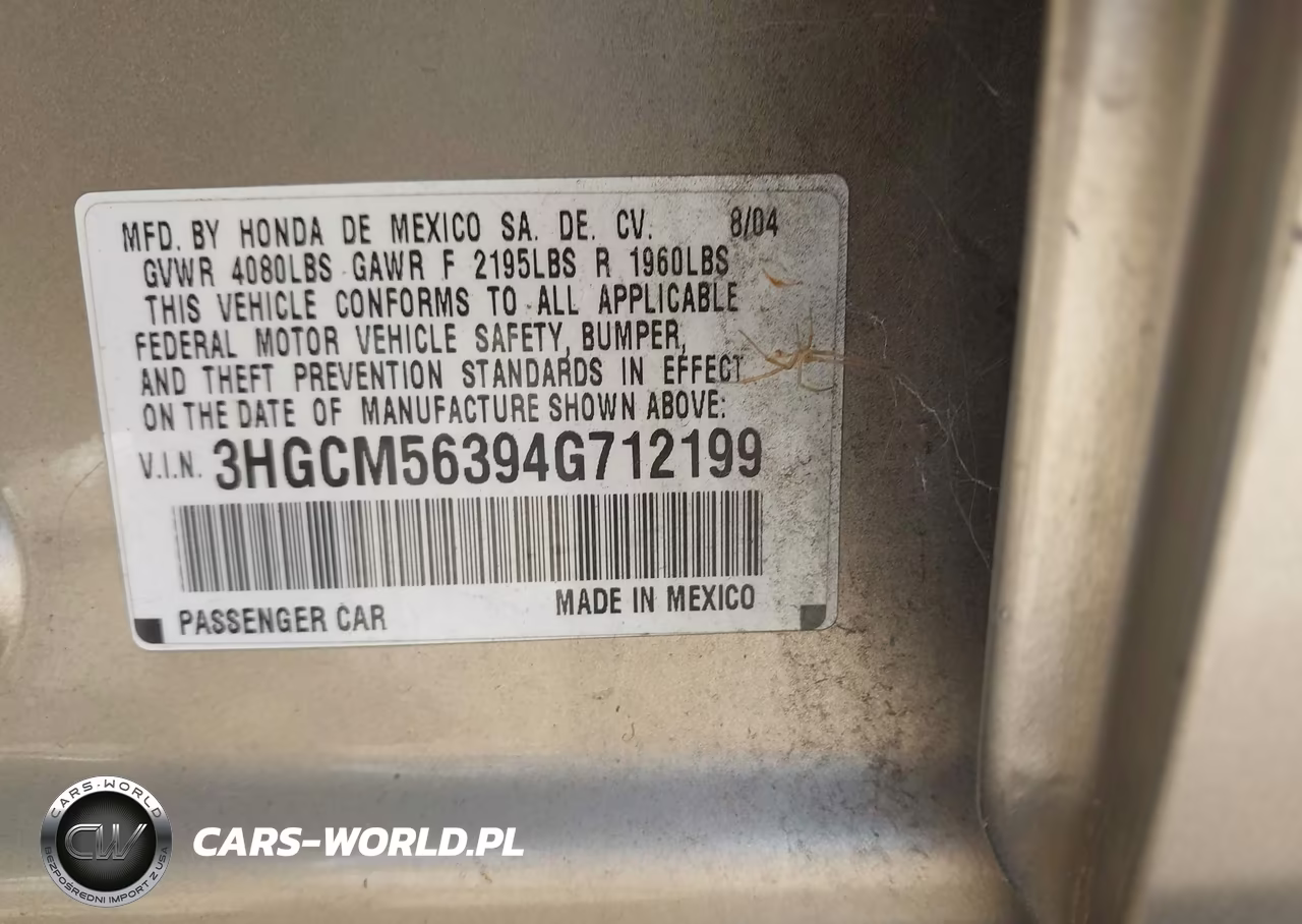 2004 Honda Accord 2.4 Lx VIN:3HGCM56394G712199 - 9