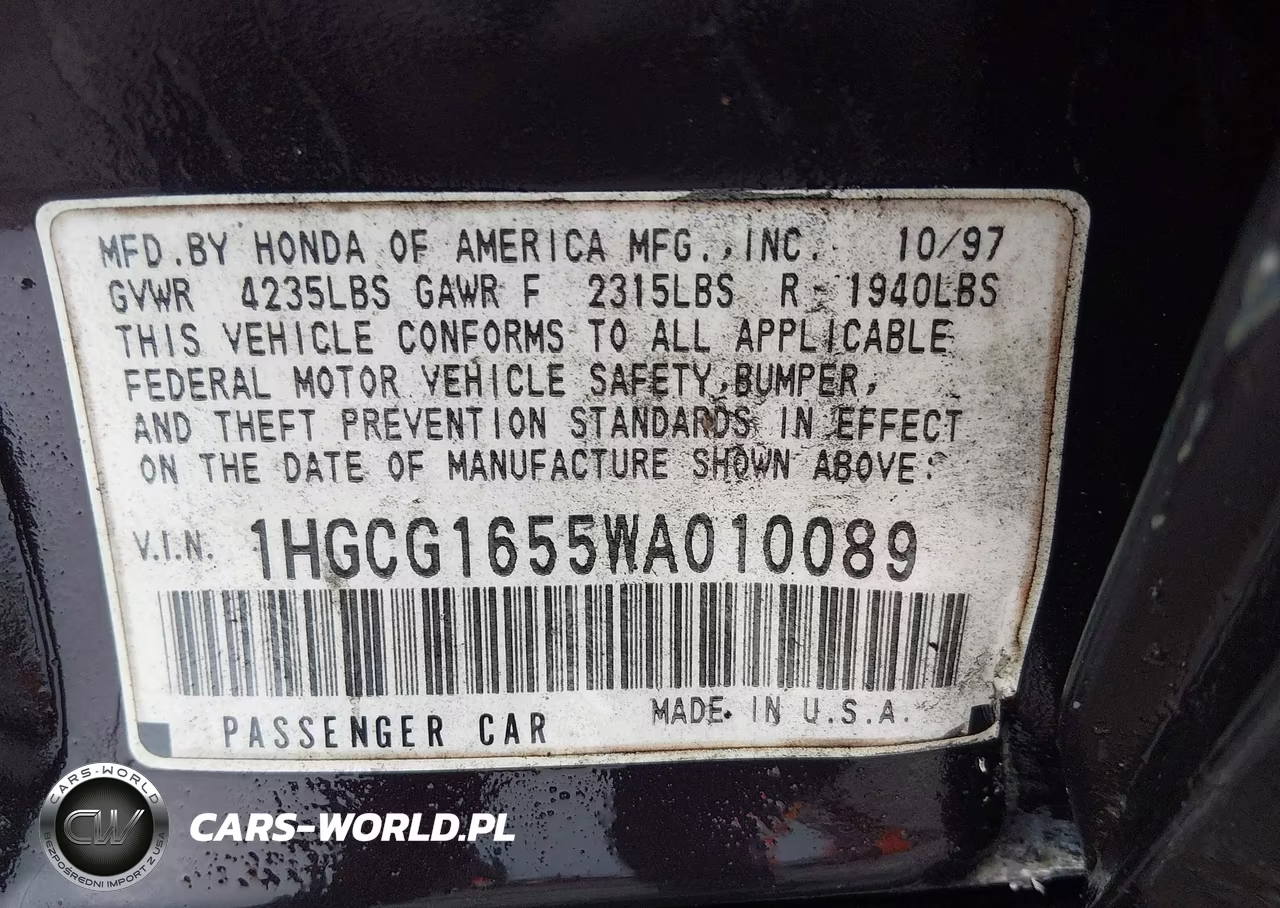 1998 Honda Accord Ex V6 VIN:1HGCG1655WA010089 - 9