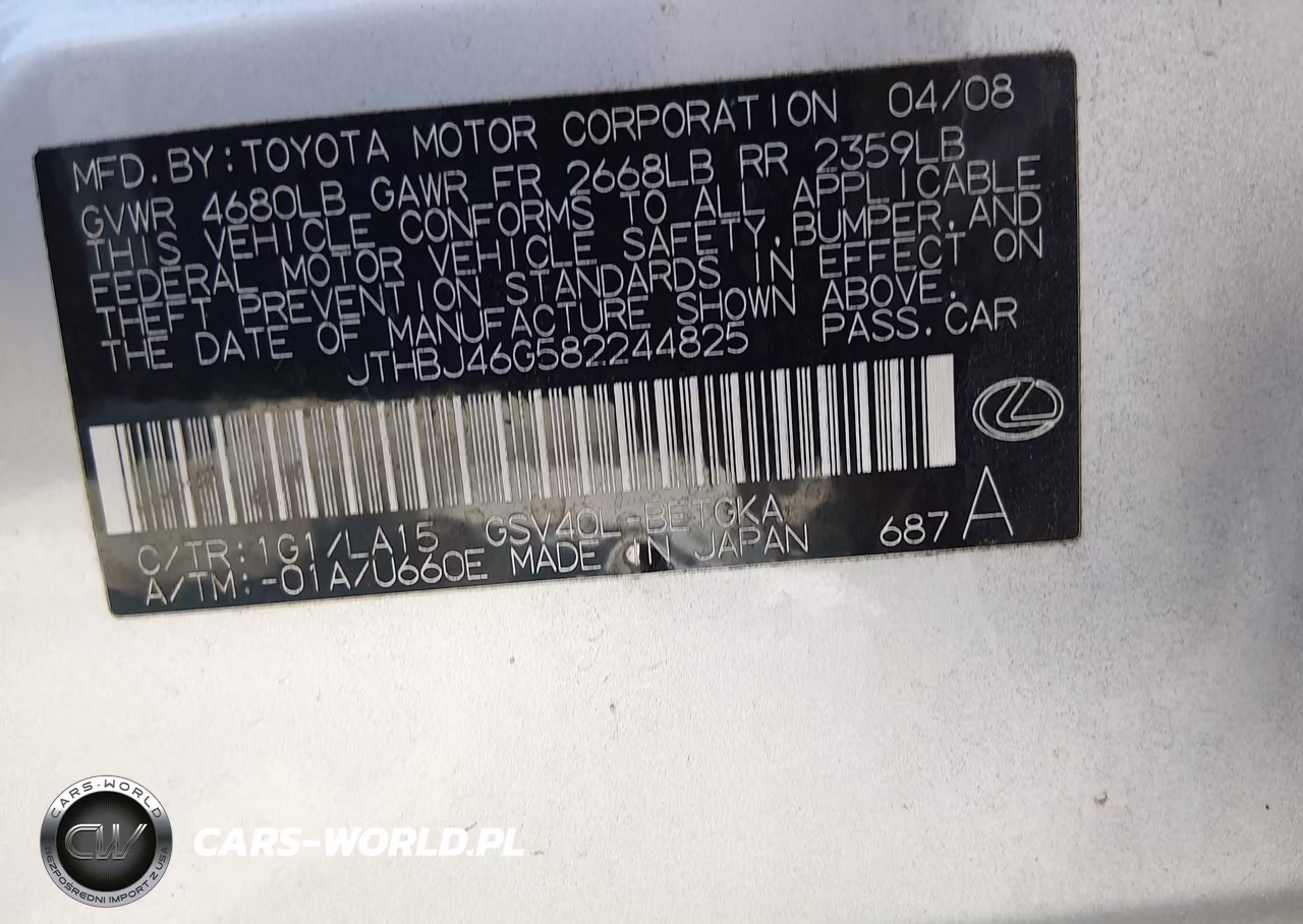 2008 Lexus Es 350 VIN:JTHBJ46G582244825 - 9