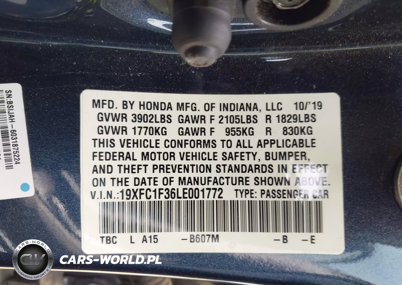2020 Honda Civic Ex VIN:19XFC1F36LE001772 - 9