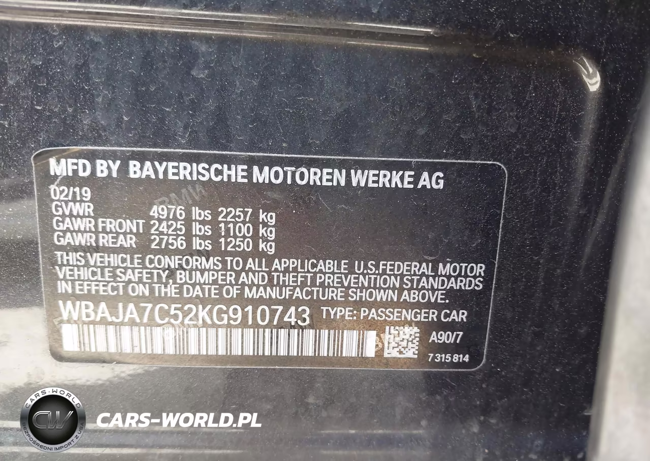 2019 BMW 530I xDrive VIN:WBAJA7C52KG910743 - 9