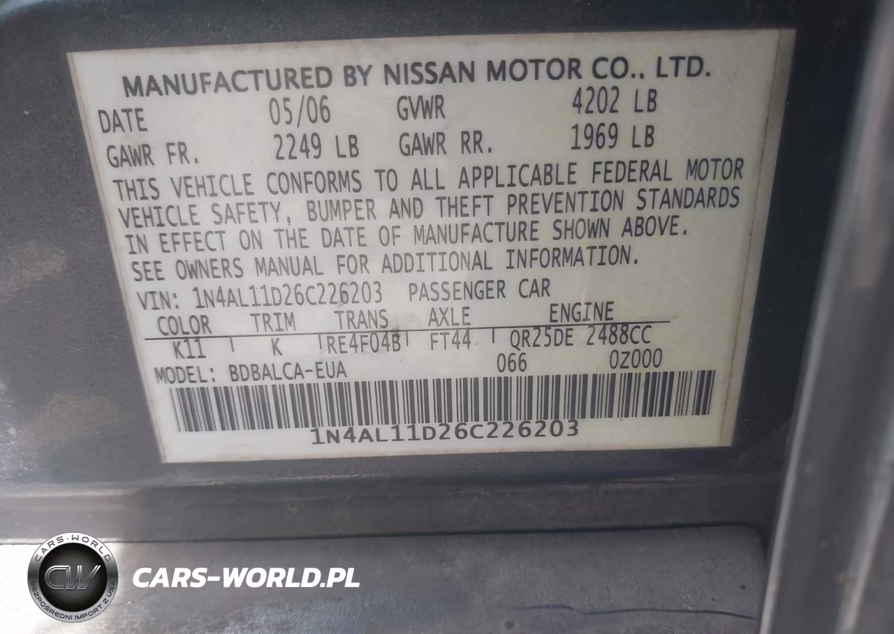 2006 Nissan Altima 2.5 S VIN:1N4AL11D26C226203 - 9